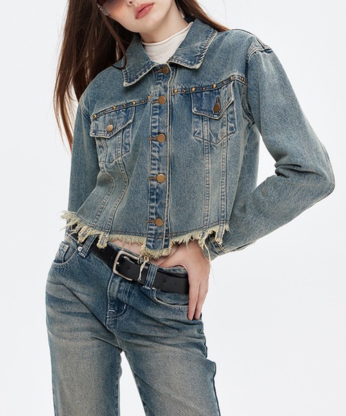 HOOK（フック）の「【HOOK】for girls　裾カットオフショット丈ウォッシュデニムジャケット（デニムジャケット・レディース・ブラック/ブルー・S/M/L）」の13枚目の写真