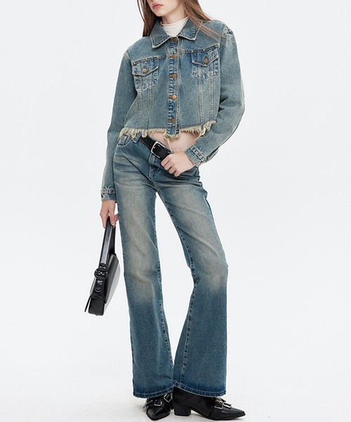 HOOK（フック）の「【HOOK】for girls　裾カットオフショット丈ウォッシュデニムジャケット（デニムジャケット・レディース・ブラック/ブルー・S/M/L）」の14枚目の写真
