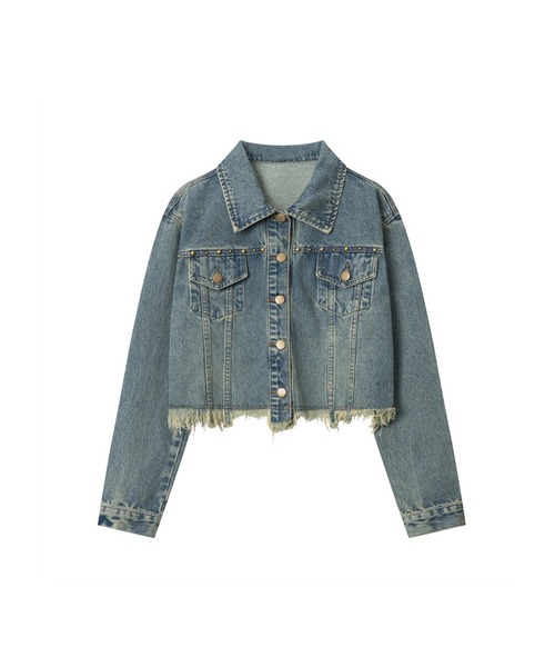 HOOK（フック）の「【HOOK】for girls　裾カットオフショット丈ウォッシュデニムジャケット（デニムジャケット・レディース・ブラック/ブルー・S/M/L）」の3枚目の写真