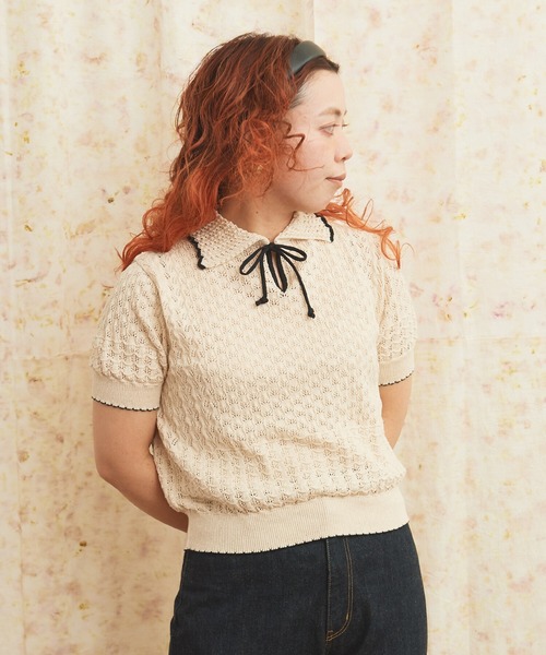 AMBIDEX(アンビデックス)の「透かし編み 襟付きプルオーバー(ニット/セーター・レディース・キナリ/ブラック・FREE)」の3枚目の写真