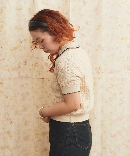 AMBIDEX(アンビデックス)の「透かし編み 襟付きプルオーバー(ニット/セーター・レディース・キナリ/ブラック・FREE)」の6枚目の写真