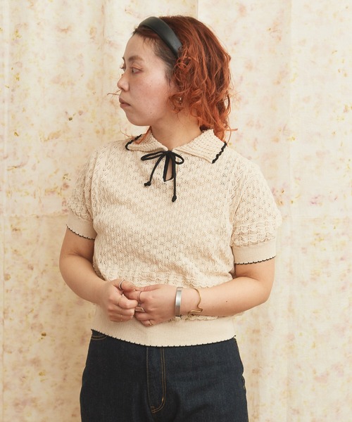 AMBIDEX(アンビデックス)の「透かし編み 襟付きプルオーバー(ニット/セーター・レディース・キナリ/ブラック・FREE)」の7枚目の写真