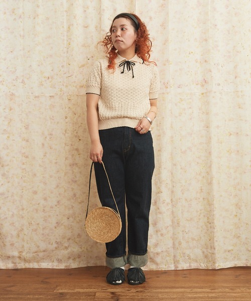 AMBIDEX(アンビデックス)の「透かし編み 襟付きプルオーバー(ニット/セーター・レディース・キナリ/ブラック・FREE)」の8枚目の写真