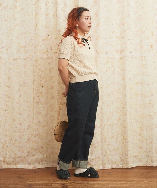 AMBIDEX(アンビデックス)の「透かし編み 襟付きプルオーバー(ニット/セーター・レディース・キナリ/ブラック・FREE)」の10枚目の写真