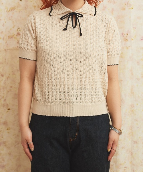 AMBIDEX(アンビデックス)の「透かし編み 襟付きプルオーバー(ニット/セーター・レディース・キナリ/ブラック・FREE)」の14枚目の写真