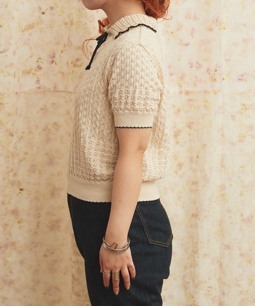 AMBIDEX(アンビデックス)の「透かし編み 襟付きプルオーバー(ニット/セーター・レディース・キナリ/ブラック・FREE)」の15枚目の写真