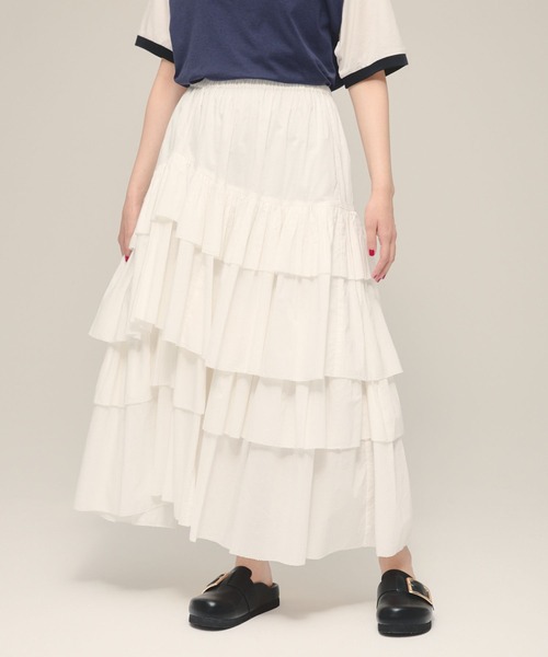 eL（エル）の「【eL】Tiered Raffle Skirt/117094（スカート・レディース・ブラック/オフホワイト・FREE）」の2枚目の写真