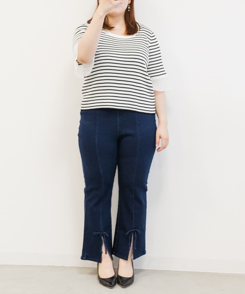 CLETTE（クレット）の「袖シフォンボーダーサマーニット（ニット/セーター・レディース・ブラック/ホワイト・LL/3L/4L）」の22枚目の写真