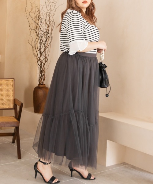 CLETTE（クレット）の「袖シフォンボーダーサマーニット（ニット/セーター・レディース・ブラック/ホワイト・LL/3L/4L）」の4枚目の写真