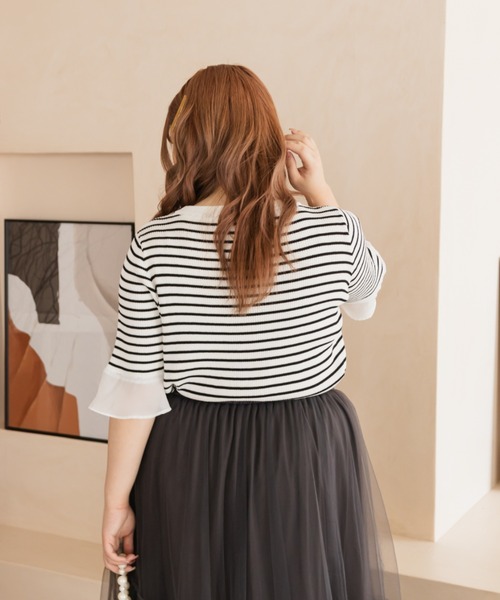 CLETTE（クレット）の「袖シフォンボーダーサマーニット（ニット/セーター・レディース・ブラック/ホワイト・LL/3L/4L）」の7枚目の写真
