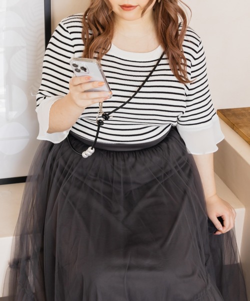 CLETTE（クレット）の「袖シフォンボーダーサマーニット（ニット/セーター・レディース・ブラック/ホワイト・LL/3L/4L）」の5枚目の写真