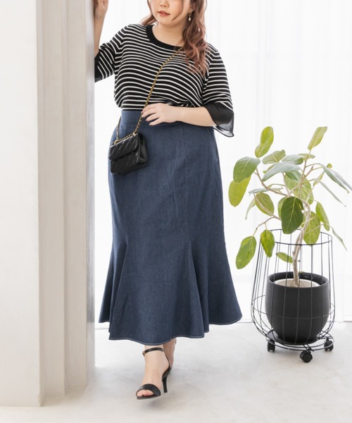 CLETTE（クレット）の「袖シフォンボーダーサマーニット（ニット/セーター・レディース・ブラック/ホワイト・LL/3L/4L）」の10枚目の写真