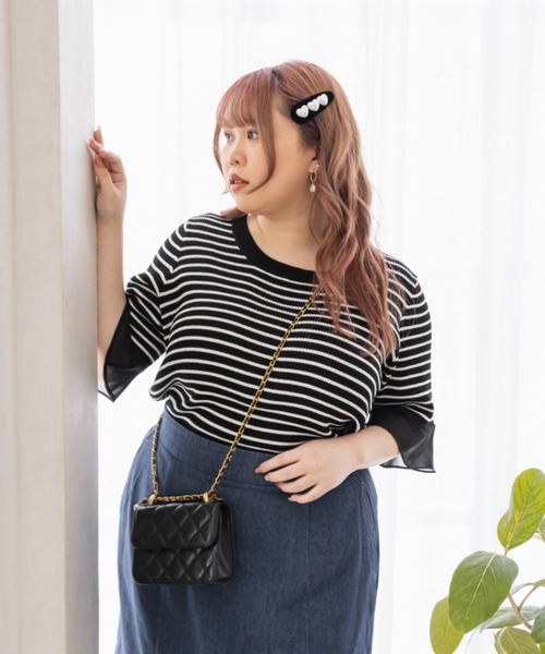 CLETTE（クレット）の「袖シフォンボーダーサマーニット（ニット/セーター・レディース・ブラック/ホワイト・LL/3L/4L）」の11枚目の写真