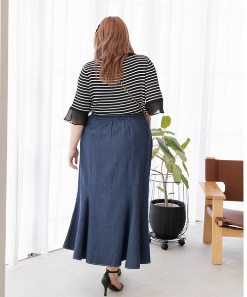 CLETTE（クレット）の「袖シフォンボーダーサマーニット（ニット/セーター・レディース・ブラック/ホワイト・LL/3L/4L）」の15枚目の写真