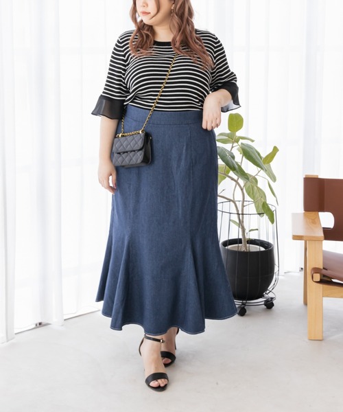 CLETTE（クレット）の「袖シフォンボーダーサマーニット（ニット/セーター・レディース・ブラック/ホワイト・LL/3L/4L）」の14枚目の写真