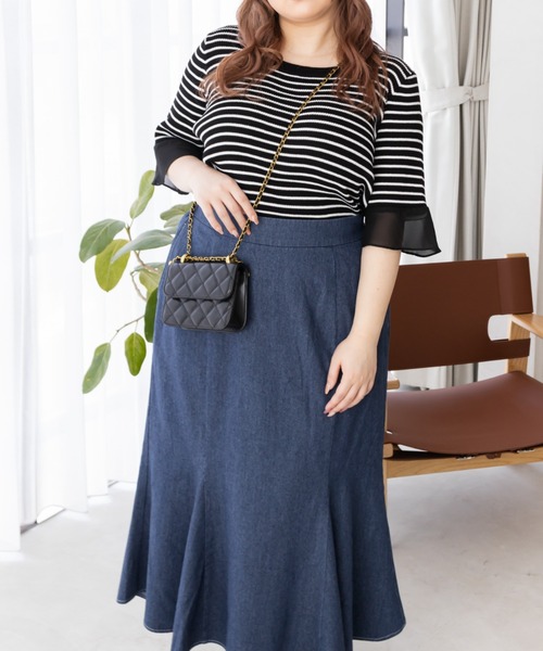 CLETTE（クレット）の「袖シフォンボーダーサマーニット（ニット/セーター・レディース・ブラック/ホワイト・LL/3L/4L）」の13枚目の写真