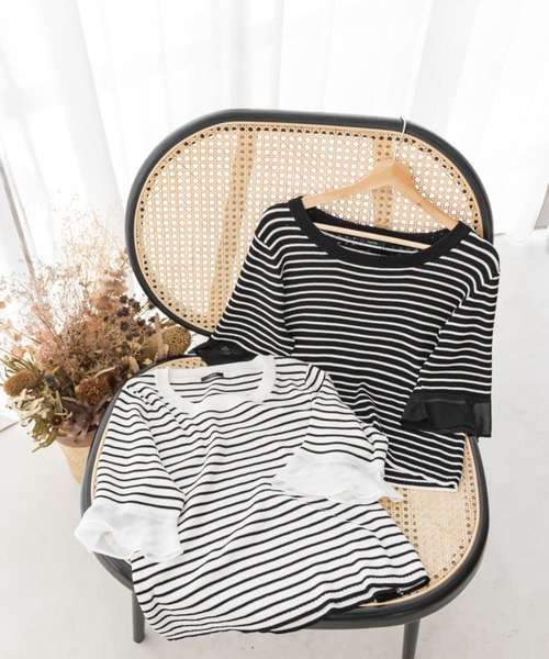 CLETTE（クレット）の「袖シフォンボーダーサマーニット（ニット/セーター・レディース・ブラック/ホワイト・LL/3L/4L）」の9枚目の写真
