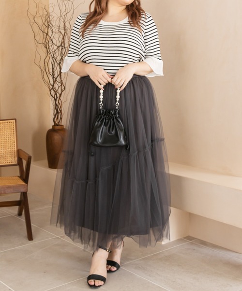 CLETTE（クレット）の「袖シフォンボーダーサマーニット（ニット/セーター・レディース・ブラック/ホワイト・LL/3L/4L）」の3枚目の写真