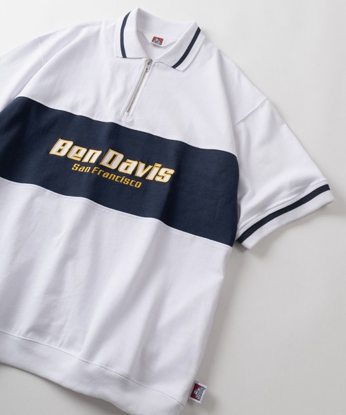 BEN DAVIS(ベンデイビス)の「【BEN DAVIS/ベンデイビス】フロントパネル切り替え&ブランドネーム ミッドサイズ刺繍デザイン ハーフジップ 半袖ポロシャツ/ ビッグシルエット(ポロシャツ・メンズ・ホワイト/ネイビー/ブラック/オフホワイト・M/L/XL)」の2枚目の写真