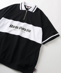 【BEN DAVIS/ベンデイビス】フロントパネル切り替え&ブランドネーム ミッドサイズ刺繍デザイン ハーフジップ 半袖ポロシャツ/ ビッグシルエット