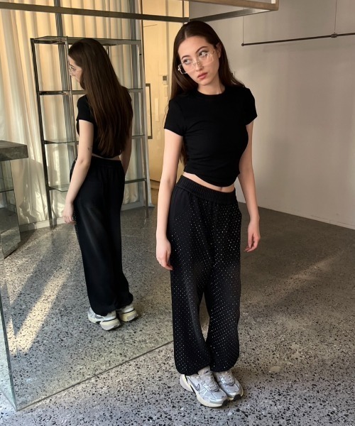 BLONDEY（ブロンディ）の「ラインストーンピグメントジョガースウェットパンツ（スウェットパンツ・レディース・ベージュ/チャコールグレー・FREE）」の17枚目の写真