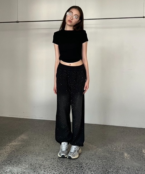 BLONDEY（ブロンディ）の「ラインストーンピグメントジョガースウェットパンツ（スウェットパンツ・レディース・ベージュ/チャコールグレー・FREE）」の12枚目の写真