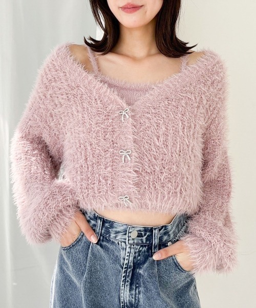 Heather（ヘザー）の「リボンモチーフカーディガン/キャミ2P  151117（アンサンブル・レディース・ピンク/ブルー/アイボリー・FREE）」の3枚目の写真