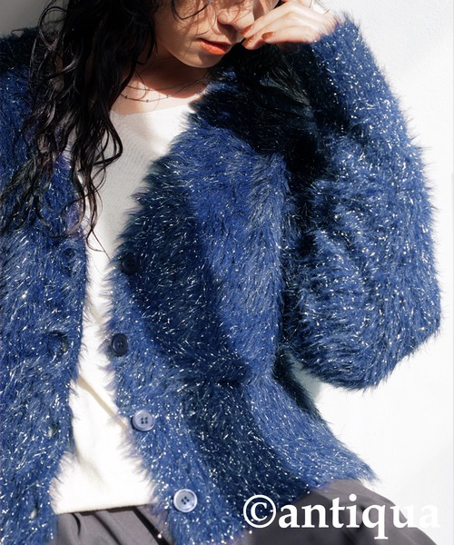 antiqua(アンティカ)の「ラメシャギーニットカーディガン(ニット/セーター・レディース・ネイビー/ホワイト・ONESIZE)」の8枚目の写真