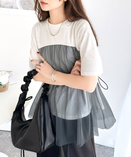 classicalelf（クラシカルエルフ）の「1枚で主役級！綿100%Tシャツ+チュールドッキングドロスト使いトップス(半袖）（Tシャツ/カットソー・レディース・チャコールグレー×ブラック/ブラック系その他/ホワイト×グレー・LARGE/MEDIUM/SMALL/X-LARGE）」の2枚目の写真