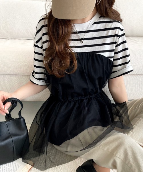 classicalelf（クラシカルエルフ）の「1枚で主役級！綿100%Tシャツ+チュールドッキングドロスト使いトップス(半袖）（Tシャツ/カットソー・レディース・チャコールグレー×ブラック/ブラック系その他/ホワイト×グレー・LARGE/MEDIUM/SMALL/X-LARGE）」の8枚目の写真