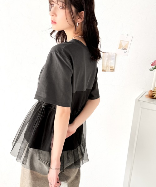 classicalelf（クラシカルエルフ）の「1枚で主役級！綿100%Tシャツ+チュールドッキングドロスト使いトップス(半袖）（Tシャツ/カットソー・レディース・チャコールグレー×ブラック/ブラック系その他/ホワイト×グレー・LARGE/MEDIUM/SMALL/X-LARGE）」の11枚目の写真