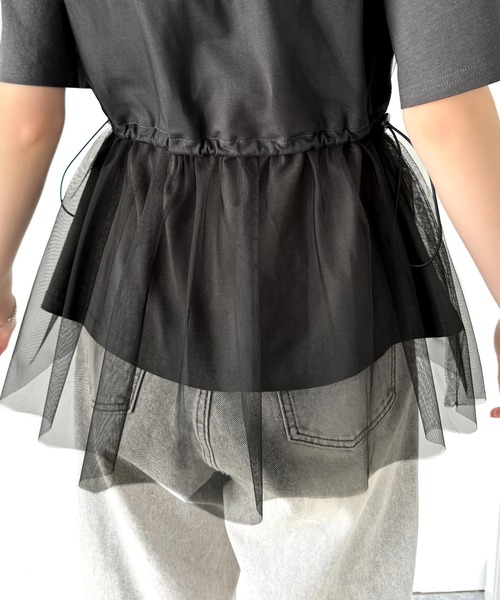 classicalelf（クラシカルエルフ）の「1枚で主役級！綿100%Tシャツ+チュールドッキングドロスト使いトップス(半袖）（Tシャツ/カットソー・レディース・チャコールグレー×ブラック/ブラック系その他/ホワイト×グレー・LARGE/MEDIUM/SMALL/X-LARGE）」の12枚目の写真