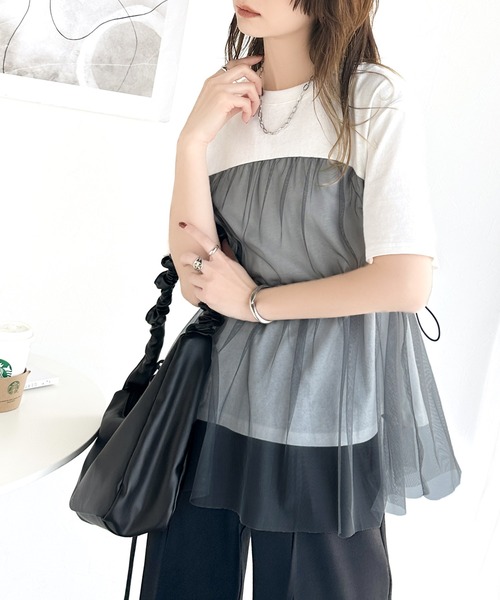classicalelf（クラシカルエルフ）の「1枚で主役級！綿100%Tシャツ+チュールドッキングドロスト使いトップス(半袖）（Tシャツ/カットソー・レディース・チャコールグレー×ブラック/ブラック系その他/ホワイト×グレー・LARGE/MEDIUM/SMALL/X-LARGE）」の5枚目の写真