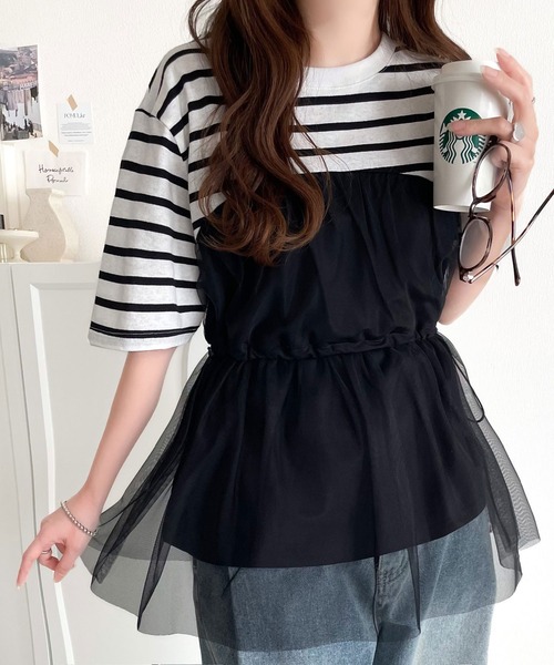 classicalelf（クラシカルエルフ）の「1枚で主役級！綿100%Tシャツ+チュールドッキングドロスト使いトップス(半袖）（Tシャツ/カットソー・レディース・チャコールグレー×ブラック/ブラック系その他/ホワイト×グレー・LARGE/MEDIUM/SMALL/X-LARGE）」の17枚目の写真