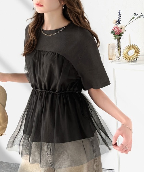 classicalelf（クラシカルエルフ）の「1枚で主役級！綿100%Tシャツ+チュールドッキングドロスト使いトップス(半袖）（Tシャツ/カットソー・レディース・チャコールグレー×ブラック/ブラック系その他/ホワイト×グレー・LARGE/MEDIUM/SMALL/X-LARGE）」の19枚目の写真
