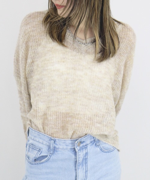 Reurie'（レウリィ）の「【新色追加 / HIT ITEM!】オーバーシアーVニット 長袖 Vネック 透け感 サマーニット シンプル 大人カジュアル ノームコア ナチュラル リラクシー 透かし編み 韓国（ニット/セーター・レディース・ネイビー/ベージュ/グリーン/チャコールグレー/ブラウン・FREE）」の6枚目の写真