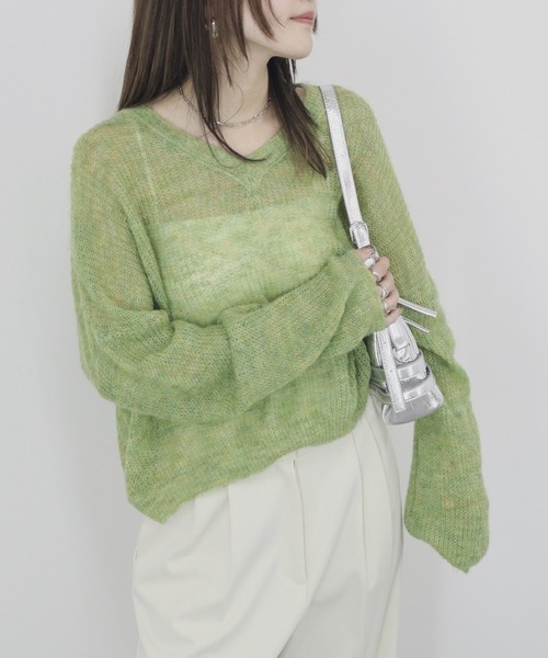 HIT ITEM!】オーバーシアーVニット 長袖 Vネック 透け感 サマー