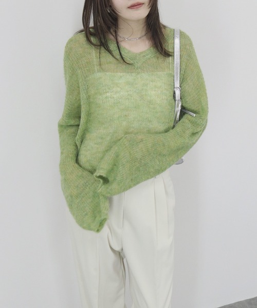 HIT ITEM!】オーバーシアーVニット 長袖 Vネック 透け感 サマー
