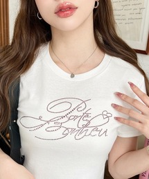moment+（モーメントプラス）の「ラインストーンロゴ半袖チビTシャツ（Tシャツ/カットソー・レディース）」