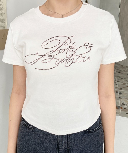 moment+(モーメントプラス)の「ラインストーンロゴ半袖チビTシャツ(Tシャツ/カットソー・レディース・ブラック/オフホワイト/ピンク・M/L)」の16枚目の写真