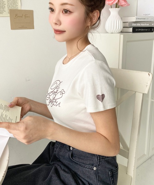 moment+(モーメントプラス)の「ラインストーンロゴ半袖チビTシャツ(Tシャツ/カットソー・レディース・ブラック/オフホワイト/ピンク・M/L)」の14枚目の写真