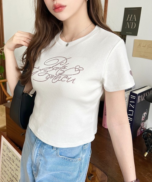 moment+(モーメントプラス)の「ラインストーンロゴ半袖チビTシャツ(Tシャツ/カットソー・レディース・ブラック/オフホワイト/ピンク・M/L)」の6枚目の写真