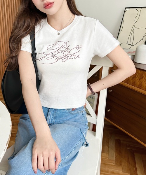 moment+(モーメントプラス)の「ラインストーンロゴ半袖チビTシャツ(Tシャツ/カットソー・レディース・ブラック/オフホワイト/ピンク・M/L)」の9枚目の写真