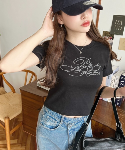 セール】ラインストーンロゴ半袖チビTシャツ（Tシャツ