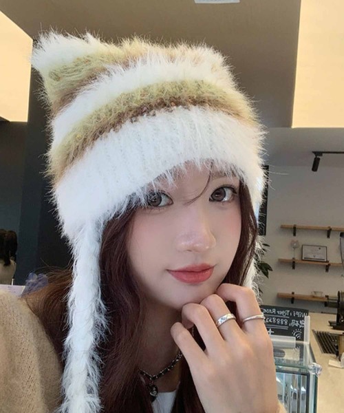 セール】ボーダーシャギー猫耳ニット帽（ニットキャップ/ビーニー