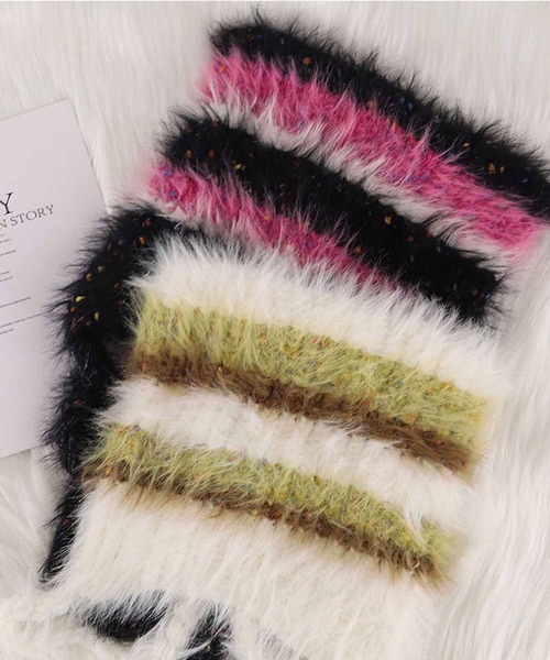 セール】ボーダーシャギー猫耳ニット帽（ニットキャップ/ビーニー