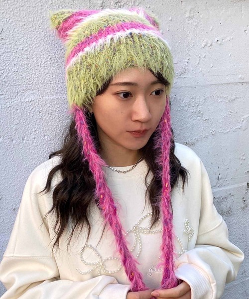 セール】ボーダーシャギー猫耳ニット帽（ニットキャップ/ビーニー