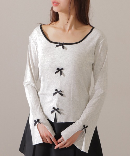 Lace Ladies(レースレディース)の「配色 クルーネック リボン付き カット プルオーバー(Tシャツ/カットソー・レディース・ライトグレー/ブラック・XL/M)」の1枚目の写真