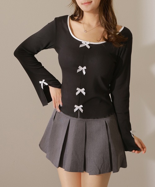 Lace Ladies(レースレディース)の「配色 クルーネック リボン付き カット プルオーバー(Tシャツ/カットソー・レディース・ライトグレー/ブラック・XL/M)」の2枚目の写真