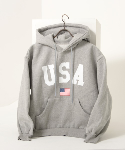 セール】【KOREAN SELECT】USA 星条旗 ロゴプリント 裏起毛 スウェット